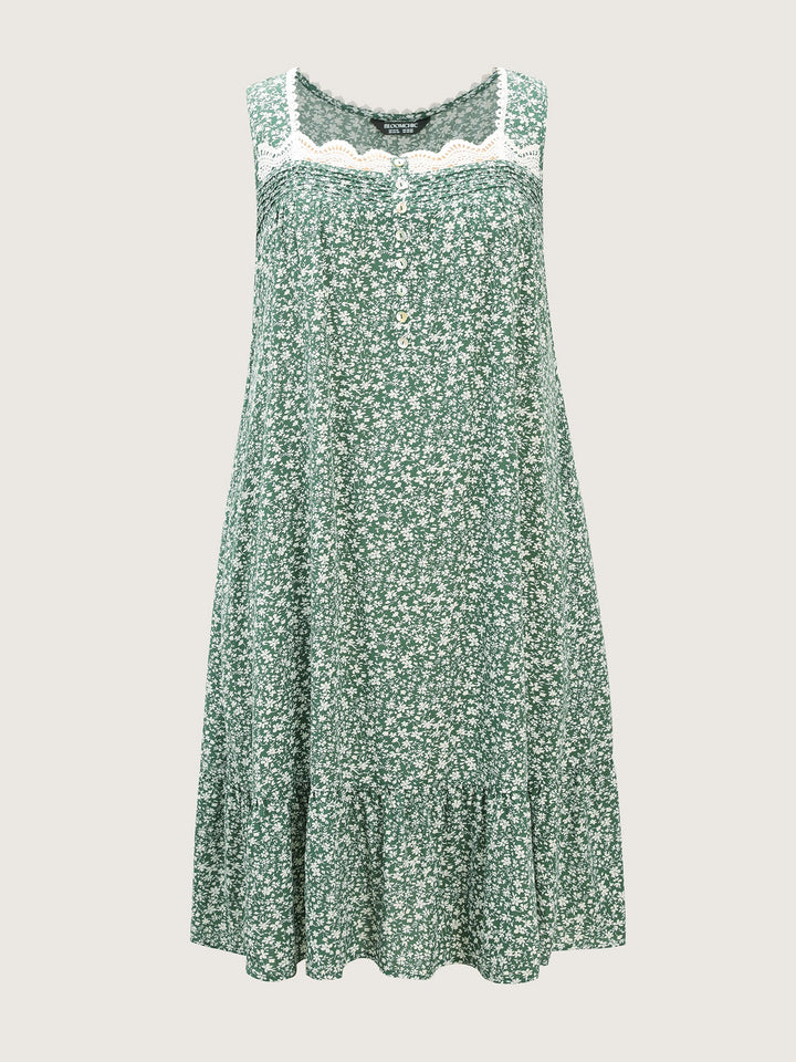 Floral Lace Trim Color Contrast Sleep Dress