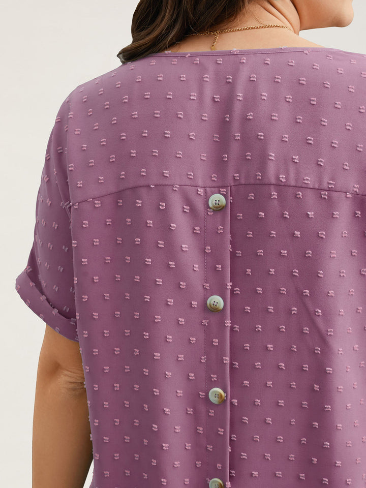 Back-Button Textured V-Neck Shirt