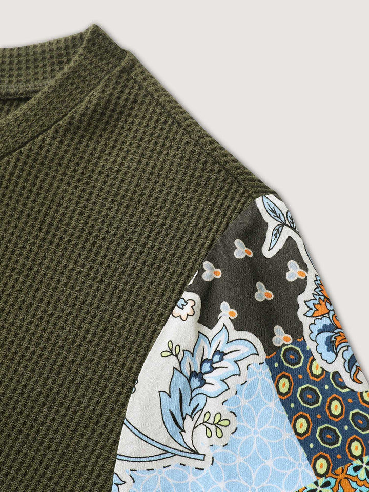 Boho Print Ribbed Sleeve Tie Sweatshirt