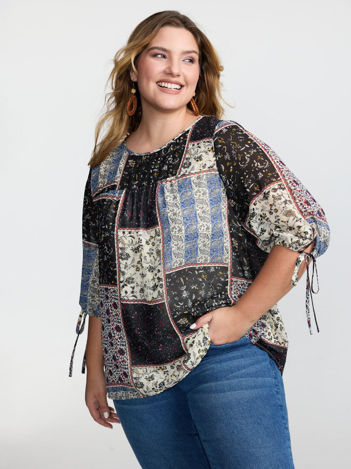 Boho Collage Print Sleeve-Tie Blouse