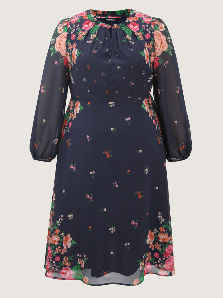 Keyhole Neckline Floral Print Midi Dress