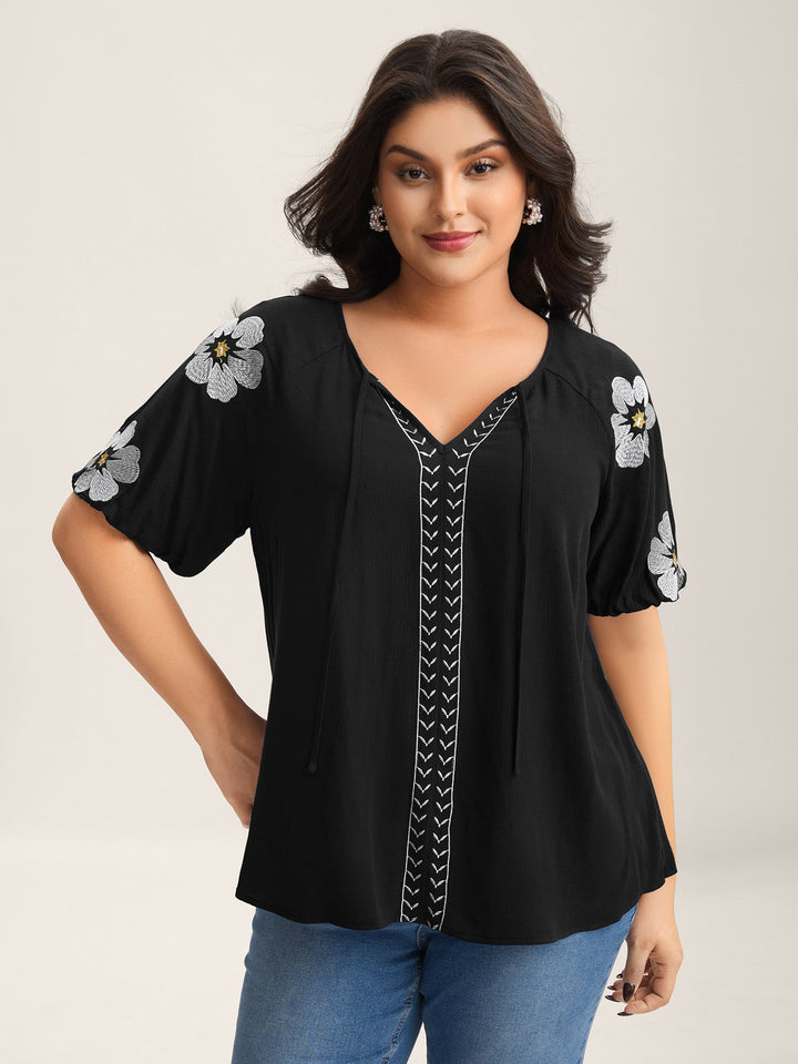 Floral Embroidery Textured Neck Tie Blouse