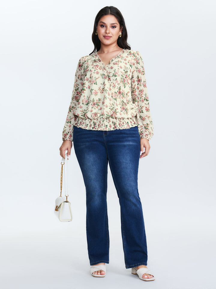 Floral Print Shirred Hem Blouse