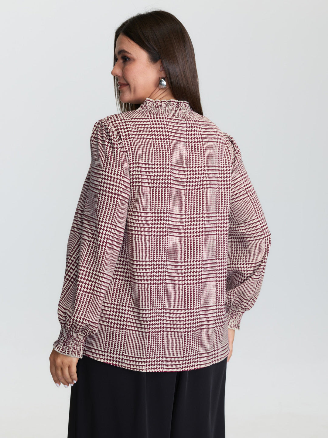 Houndstooth Pattern Ruffled Collar Blouse