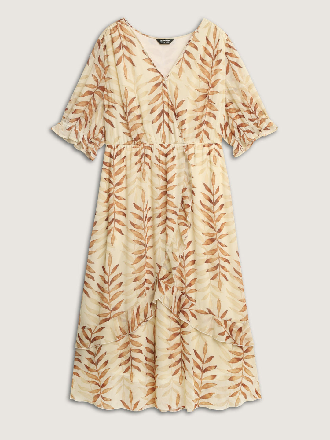 Leaf Print Wrap Neckline Ruffled Maxi Dress