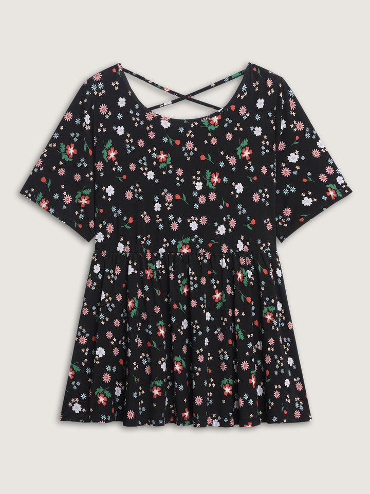 Stretchy Crisscross Back Floral Knit Top