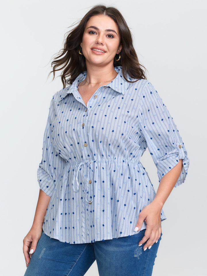 Cotton Striped Drawstring Waist Button-Down Shirt