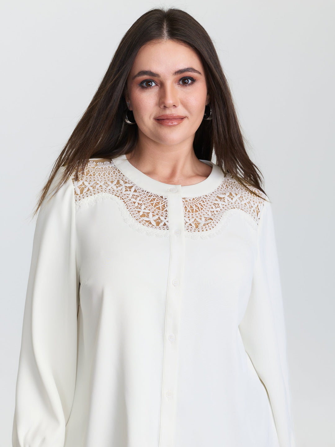Sheer Neckline Ruffled Cuff Sleeve Blouse