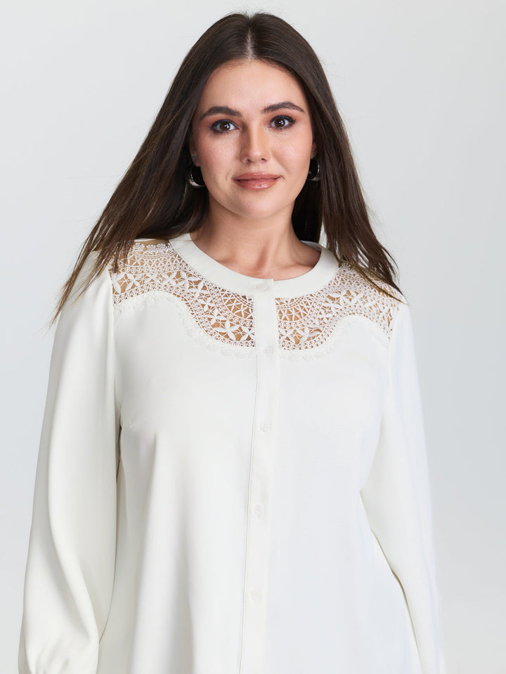 Sheer Neckline Ruffled Cuff Sleeve Blouse
