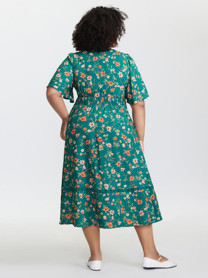 Floral Fun Lace Trim Shirred Midi Dress
