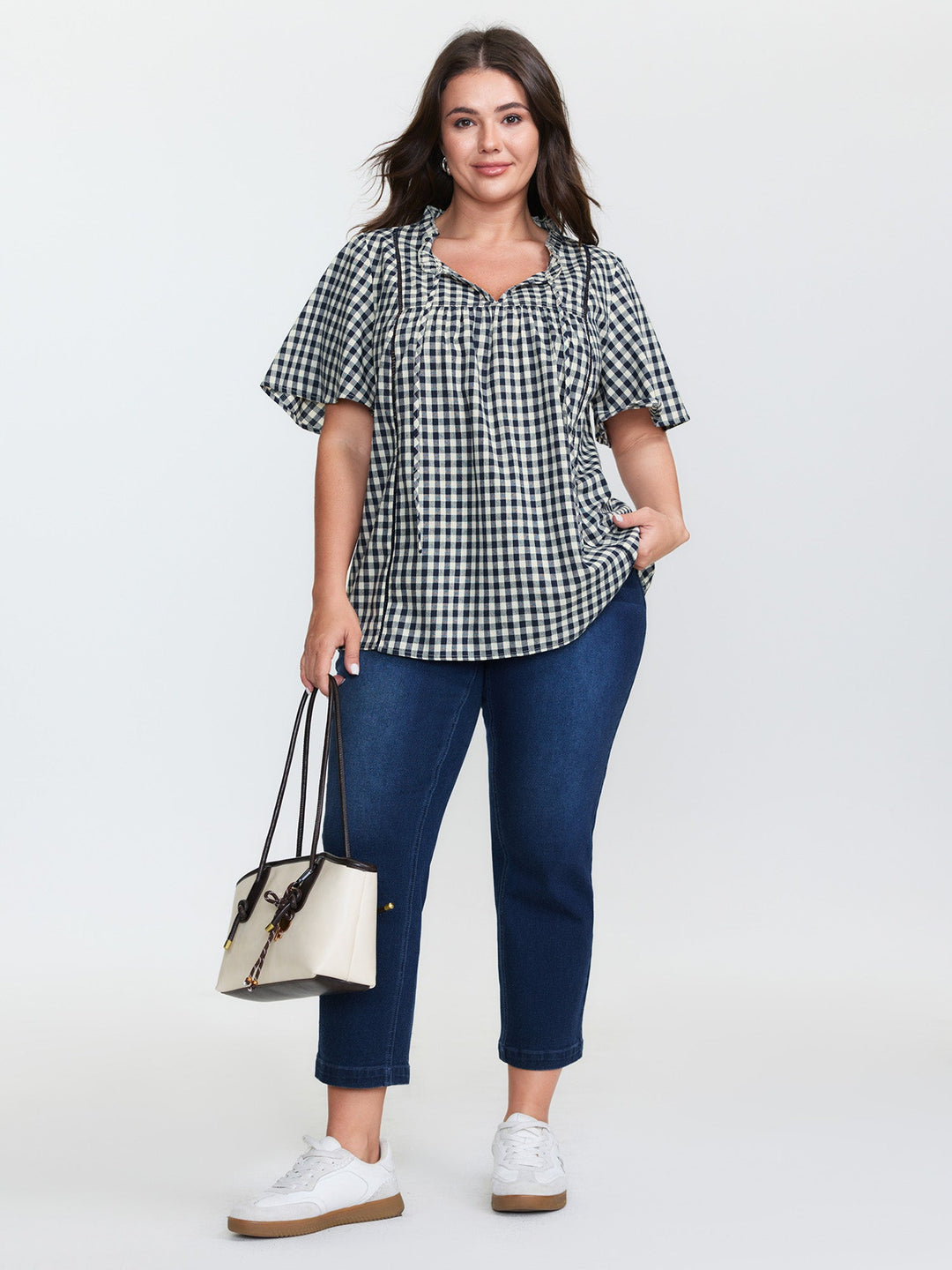 Checkered Drawstring Neckline Blouse