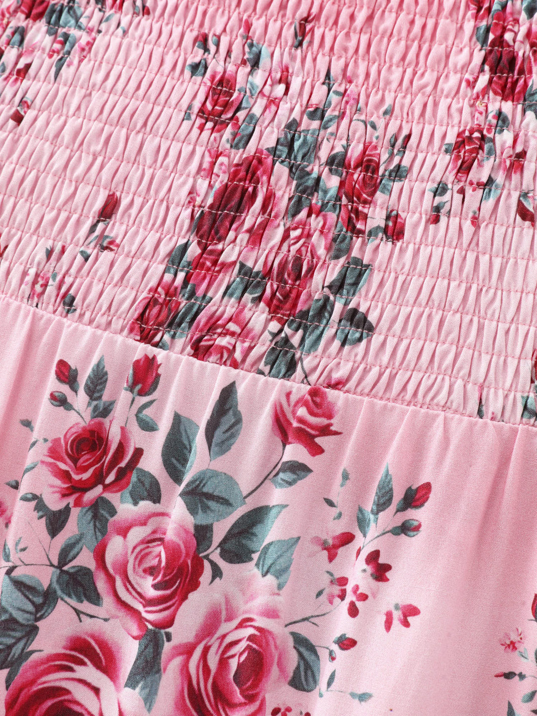 Rose Print Stretchy Waist Shirred Midi Dress