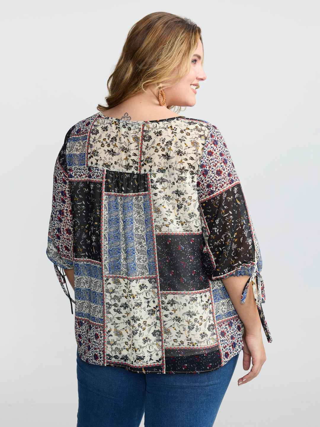 Boho Collage Print Sleeve-Tie Blouse