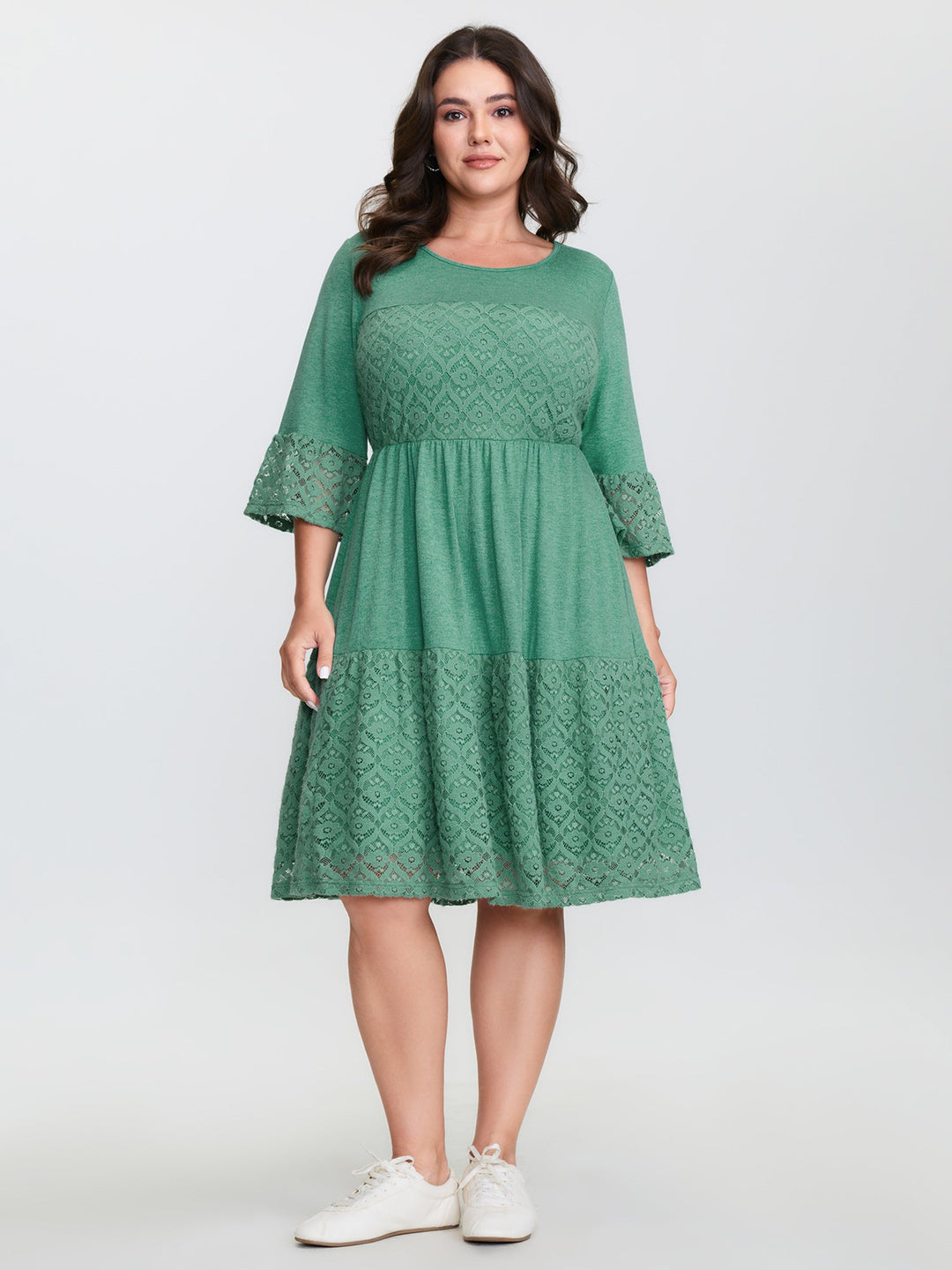 Lace Trim Tiered Sheer Sleeve Midi Dress