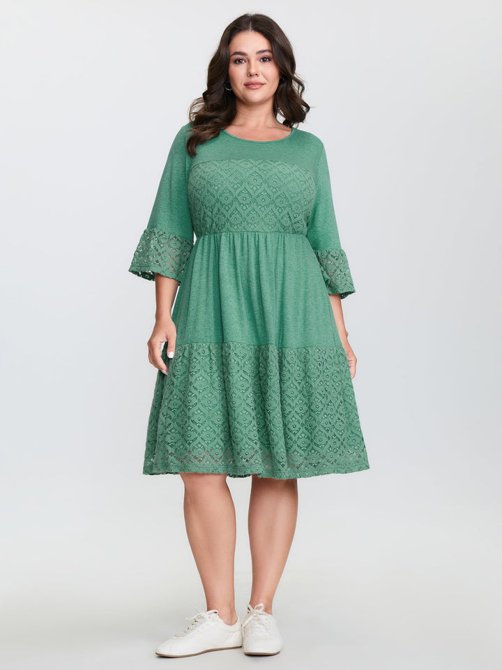 Lace Trim Tiered Sheer Sleeve Midi Dress
