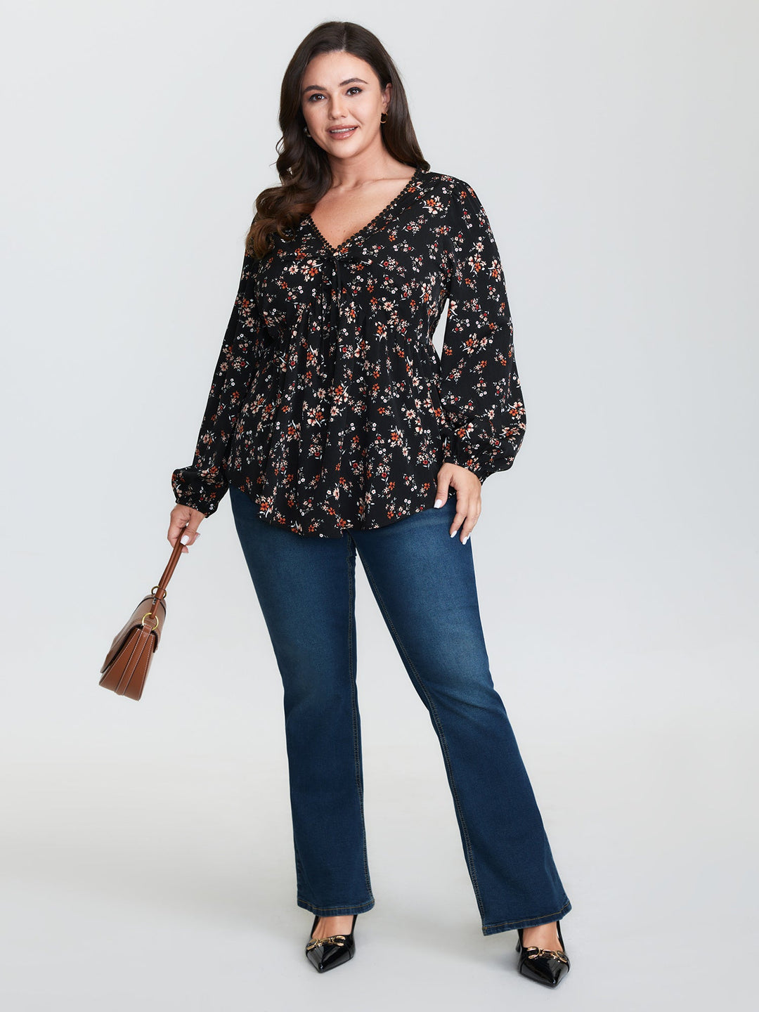 Floral Print Lace Cinched-Flared Blouse