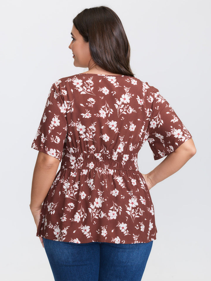 Floral Print Cinched Flared Blouse