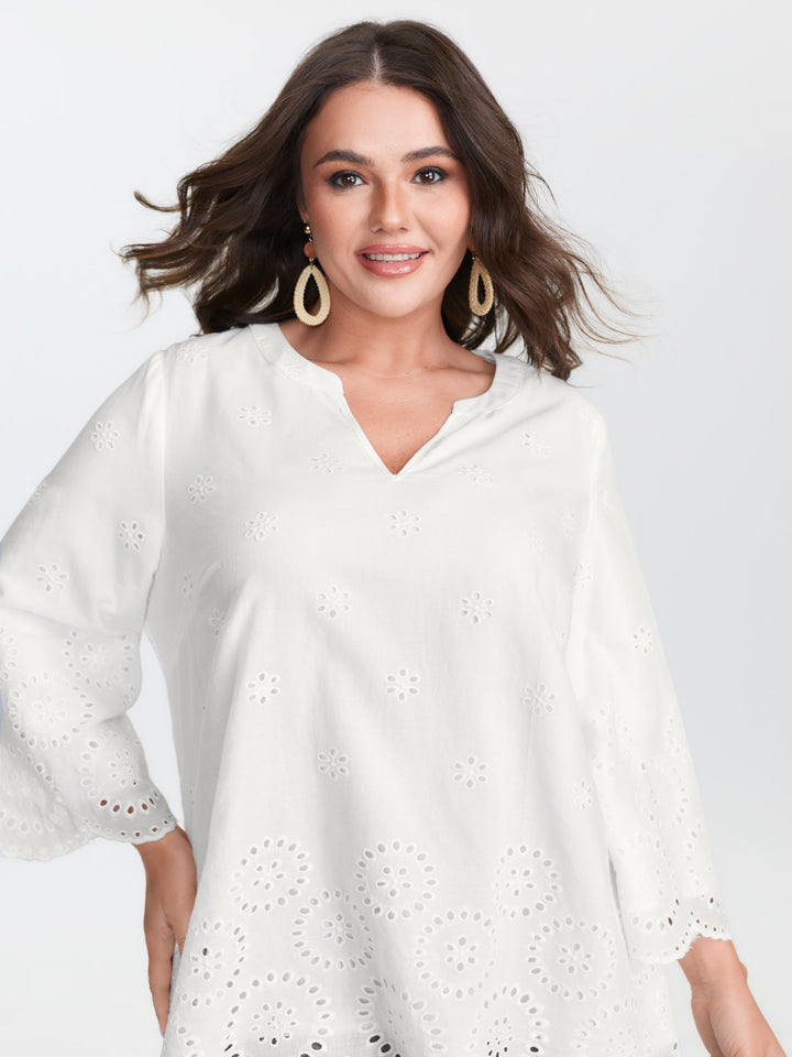 Floral Eyelet Trim Notched Collar Blouse