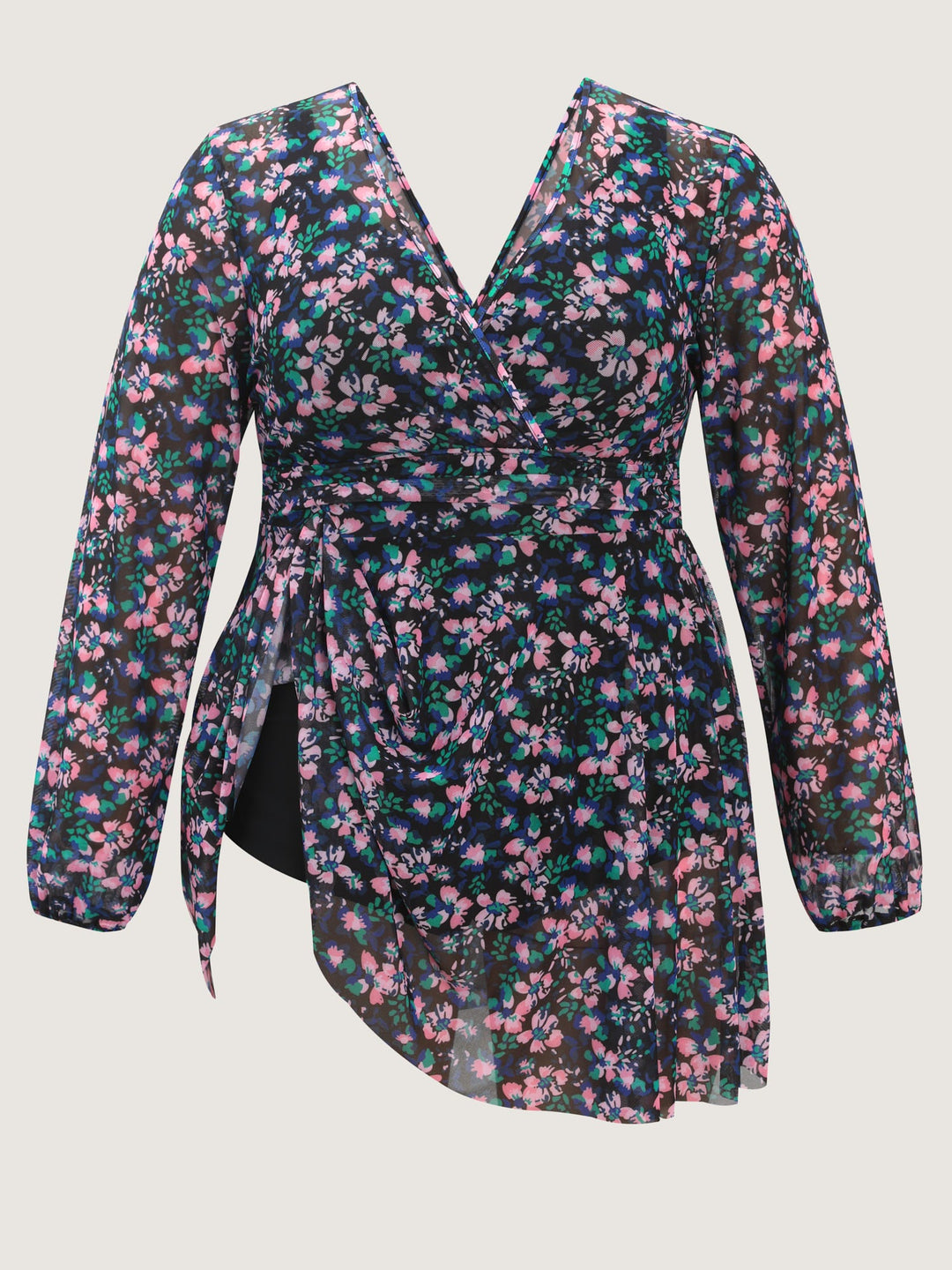 Floral Print Long Sleeve Layered Swim Dress