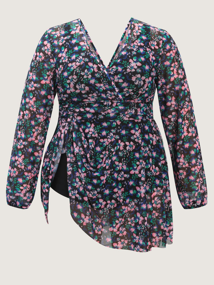 Floral Print Long Sleeve Layered Swim Dress