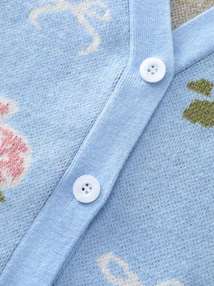 Beautiful Floral Bow Pattern Jacquard Knit Cardigan