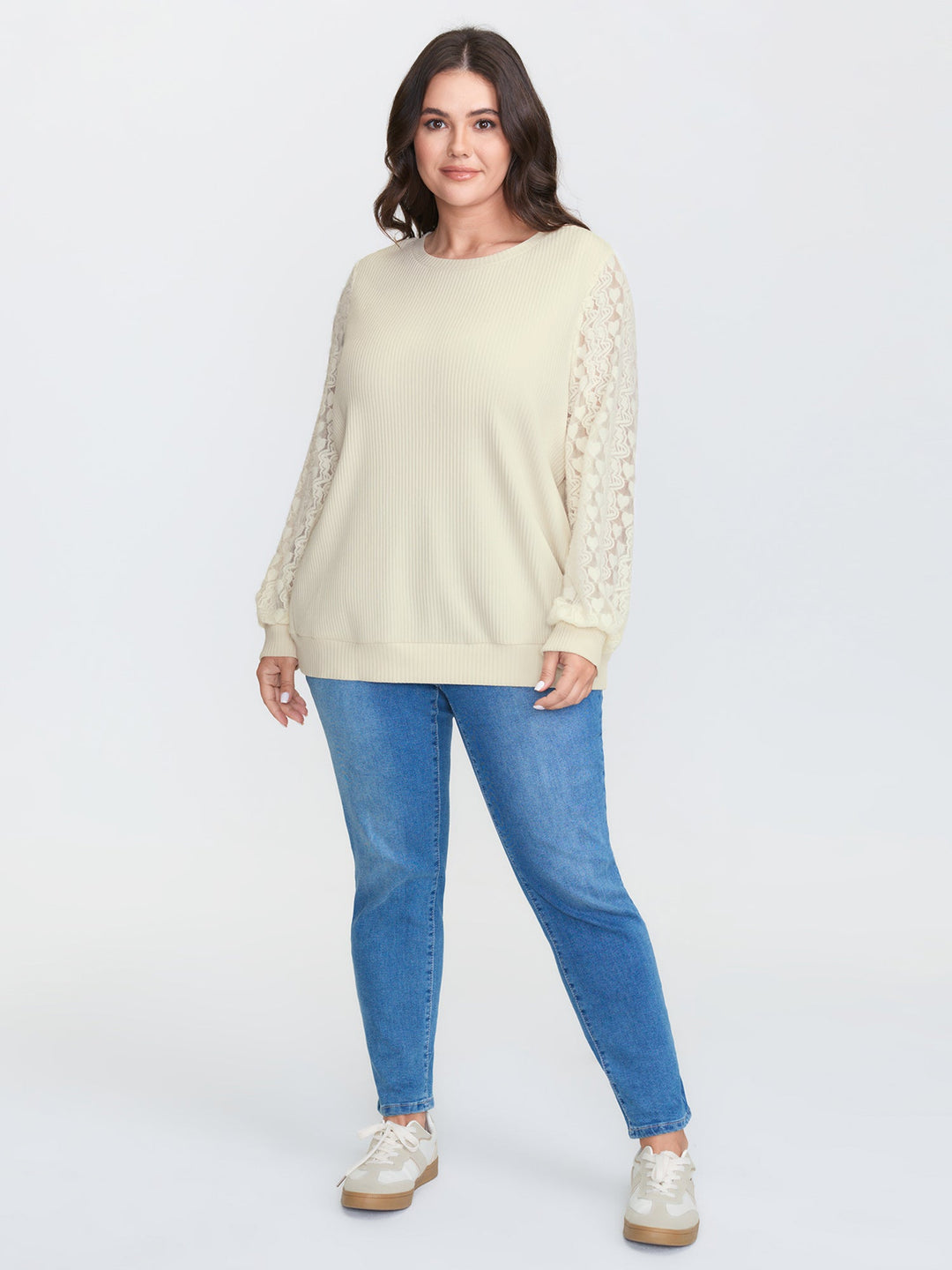 Lace Contrast Sleeve Ribbed Sweatshirt
