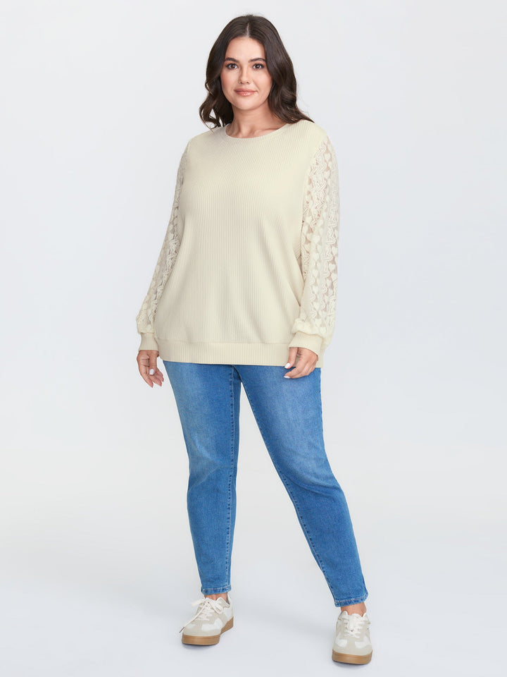 Lace Contrast Sleeve Ribbed Sweatshirt