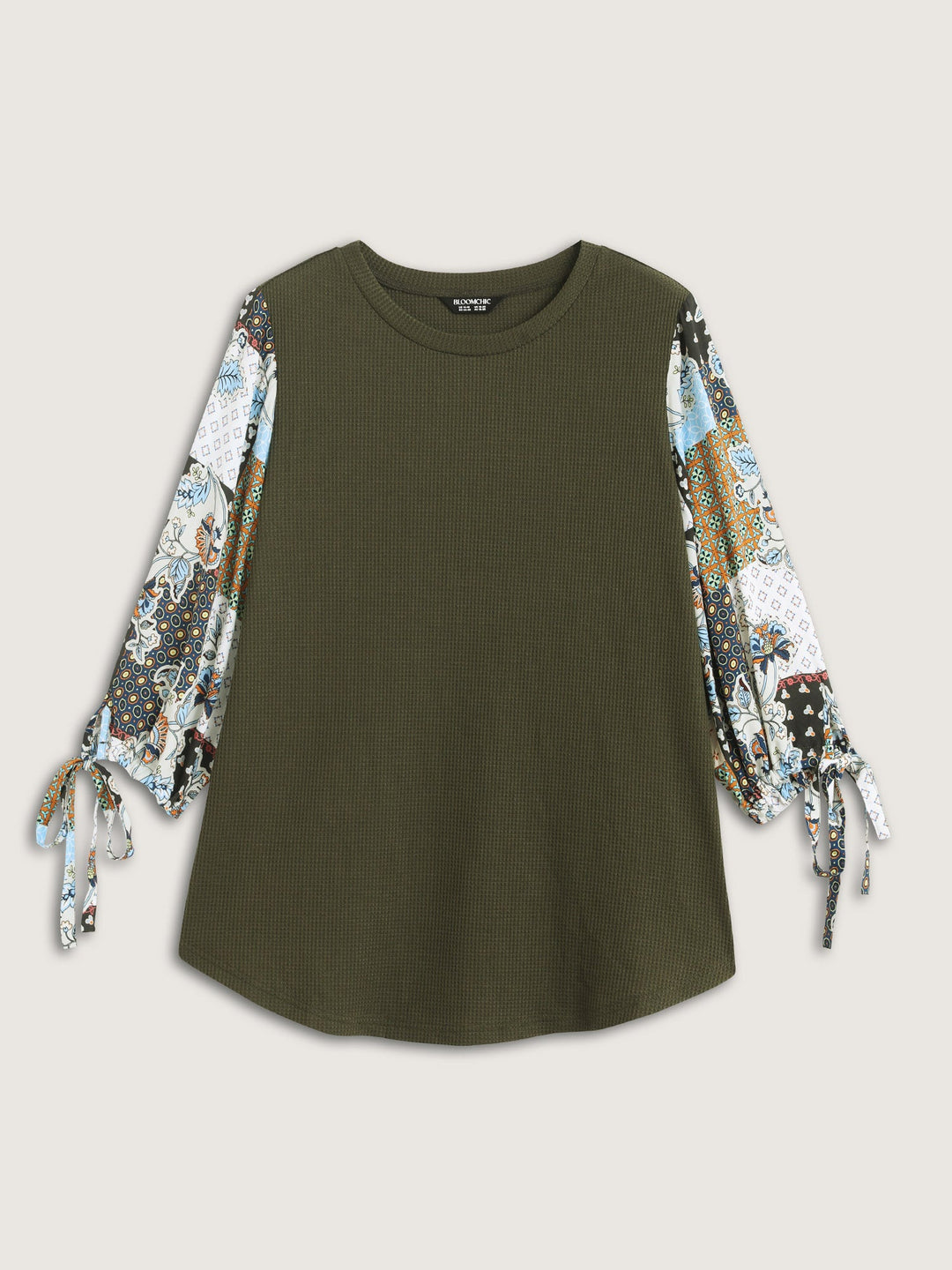 Boho Print Ribbed Sleeve Tie Sweatshirt