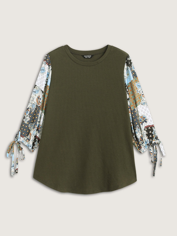 Boho Print Ribbed Sleeve Tie Sweatshirt