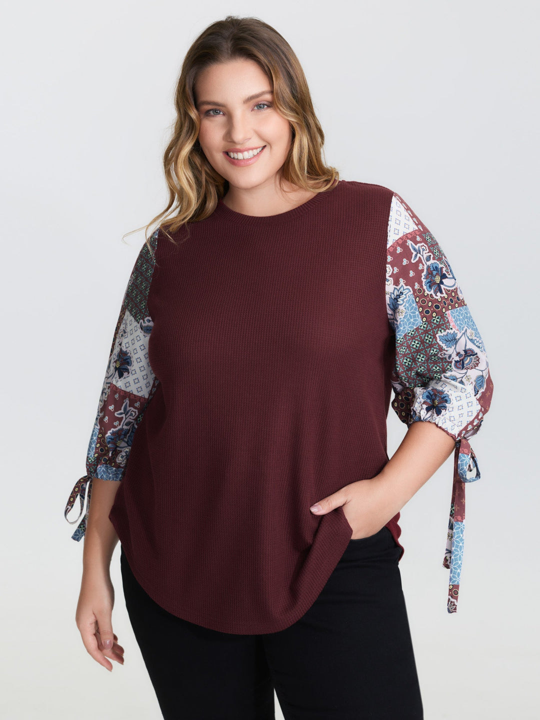 Boho Print Ribbed Sleeve Tie Sweatshirt