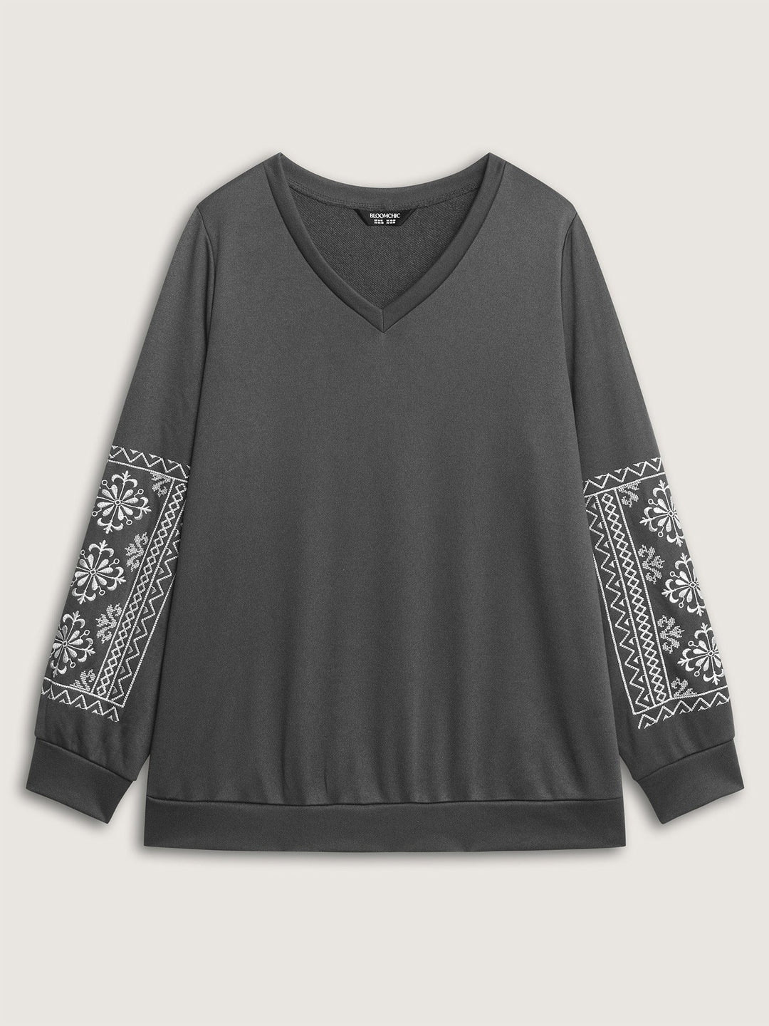 Boho Embroidered Sleeve V-Neck Sweatshirt