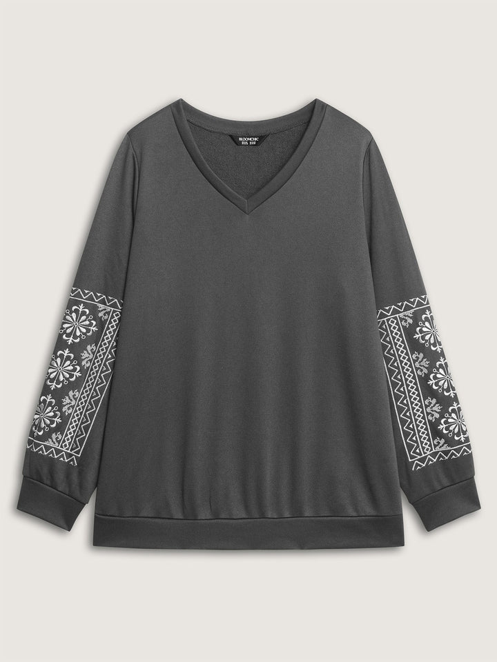 Boho Embroidered Sleeve V-Neck Sweatshirt