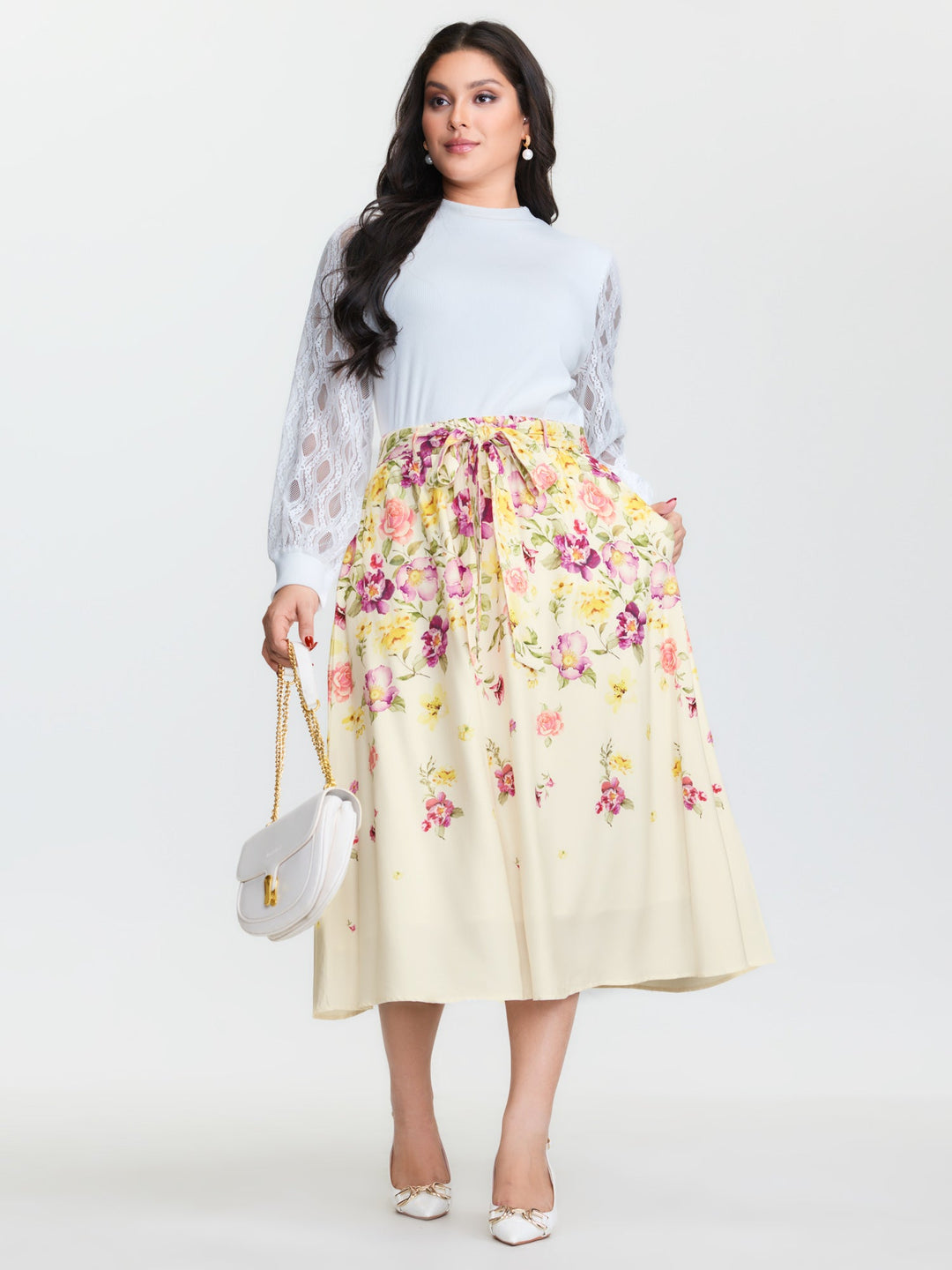 Sweet Floral Print Stretchy Waist Midi Skirt