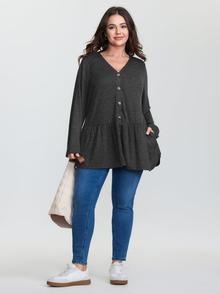 Textured Ruffled Hem Button Blouse