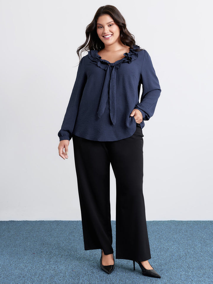 Ruffled Ribbon Neckline Pleated Blouse