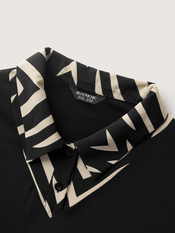Geometric Print Mixed Material Knit Top