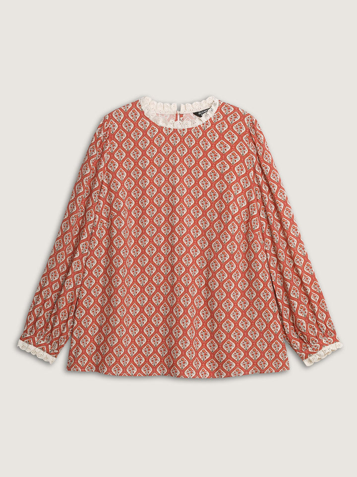 Retro Geometric Floral Print Round Neck Blouse