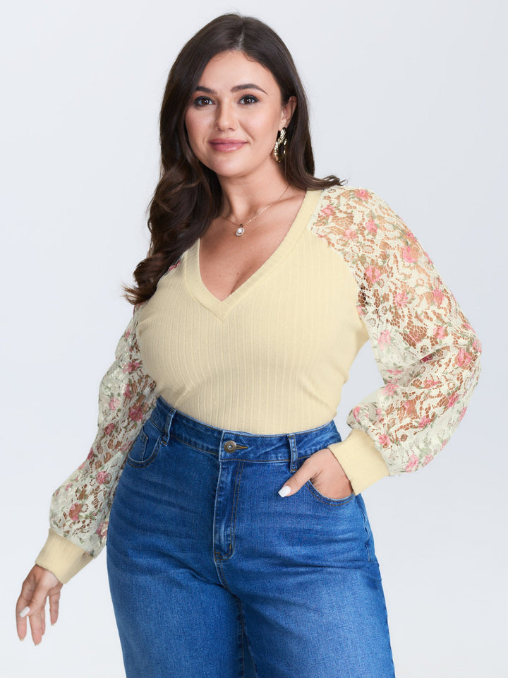 Floral Lace V-Neck Spliced Sweatshirt