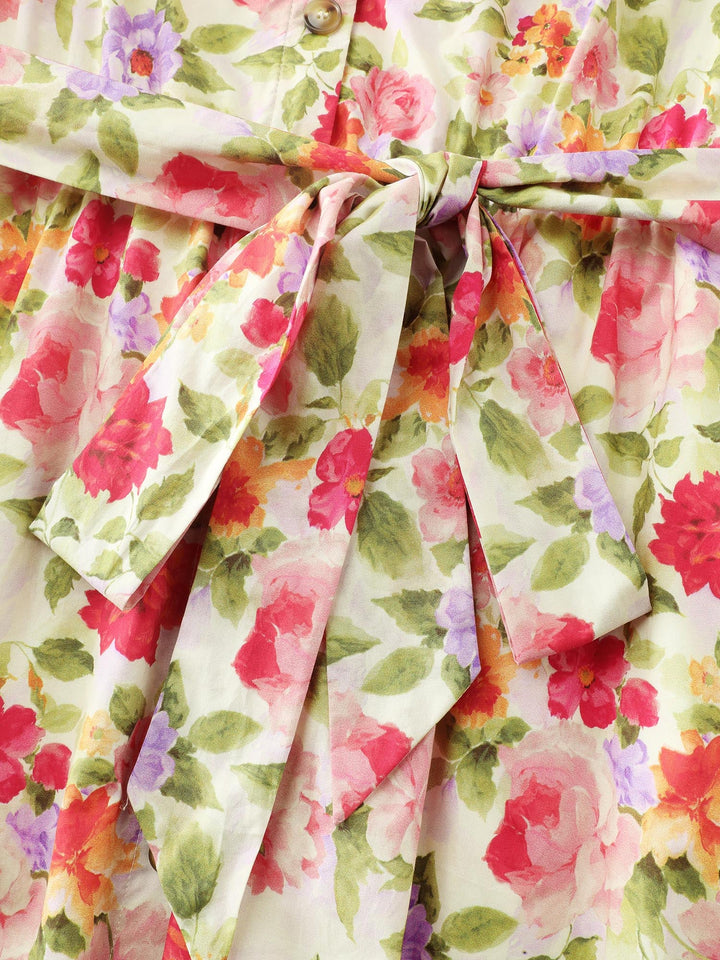 Cotton Bright Floral Belted Midi Dress