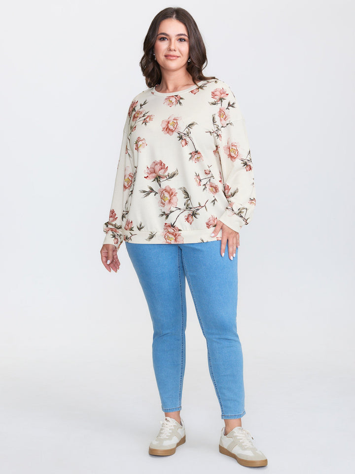 Rose Print Drop Shoulder Sweatshirt