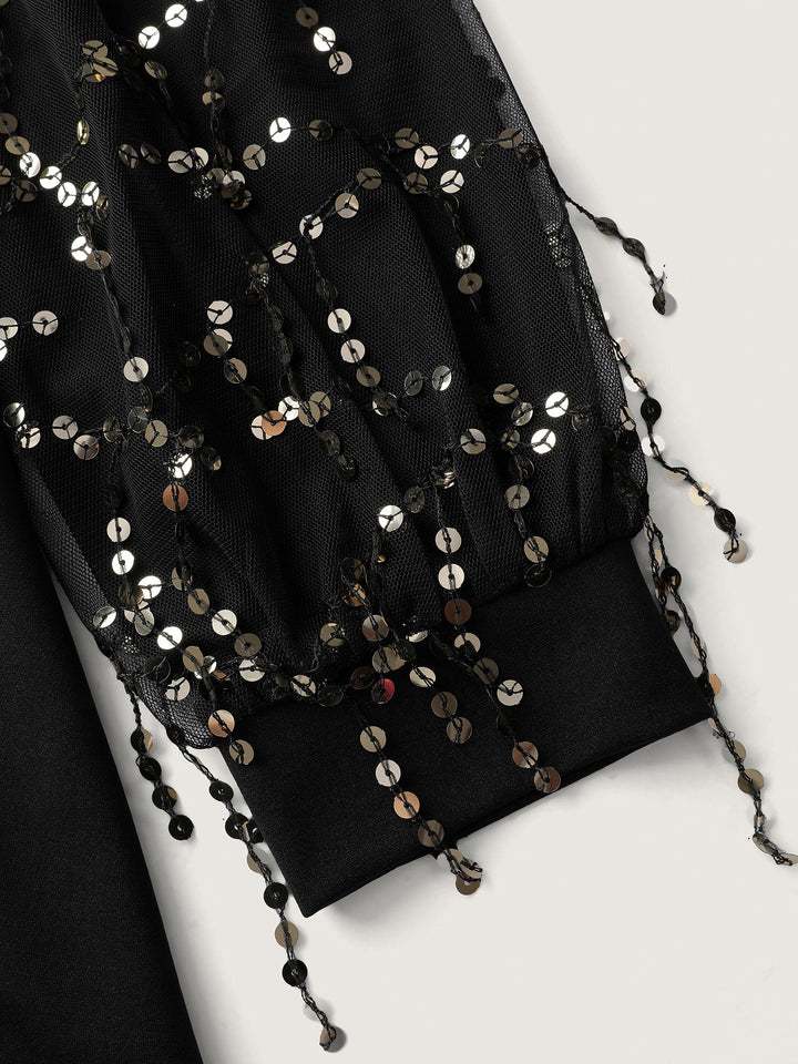 Sequin Sleeve Cut-Out Neck Top