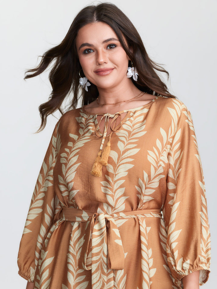 Leaf Print Waist-Tie Round Neck Midi Dress