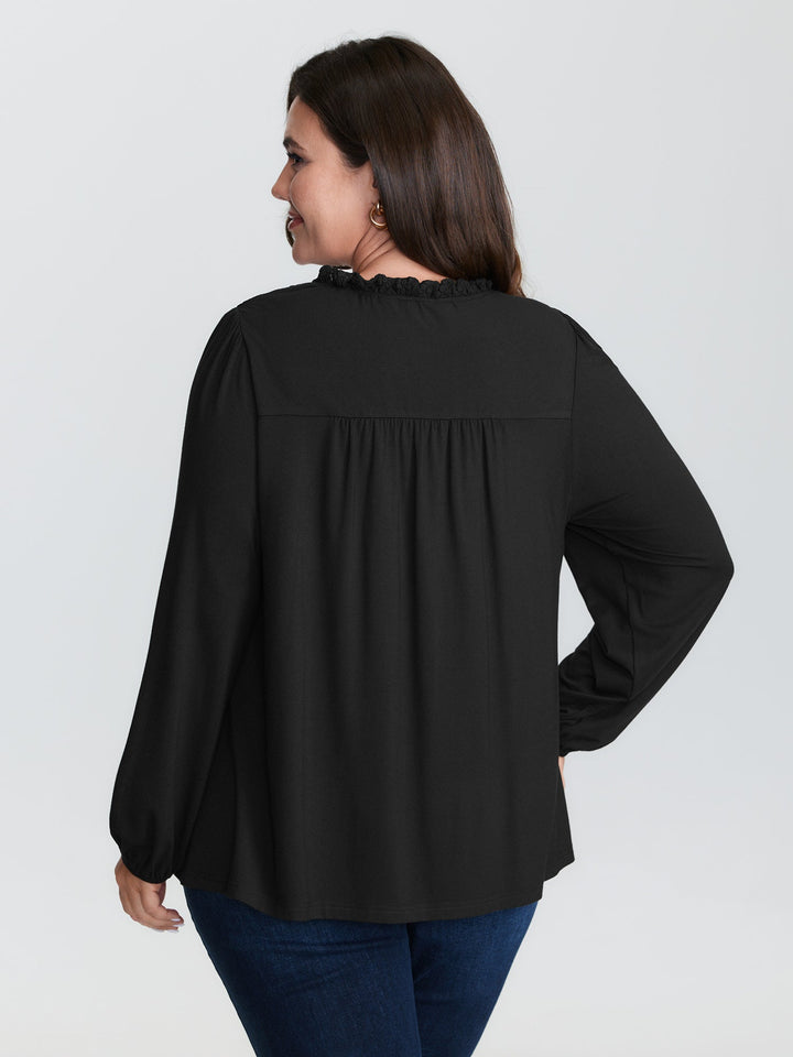 Checkered Mesh Ruffled Neckline Knit Top