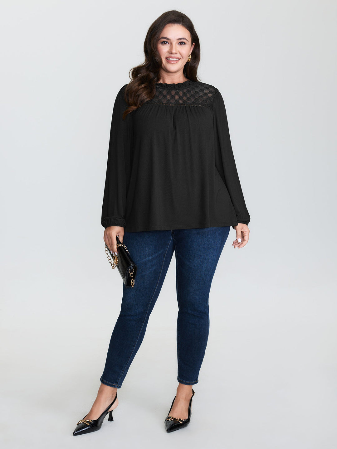 Checkered Mesh Ruffled Neckline Knit Top