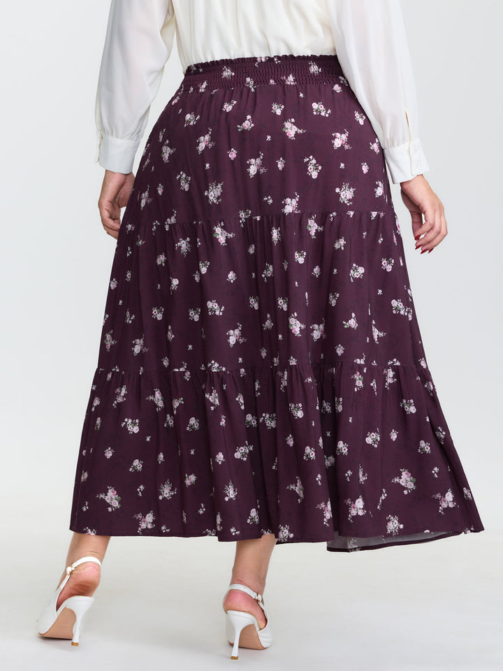 Floral Shirred Waist Tiered Maxi Skirt