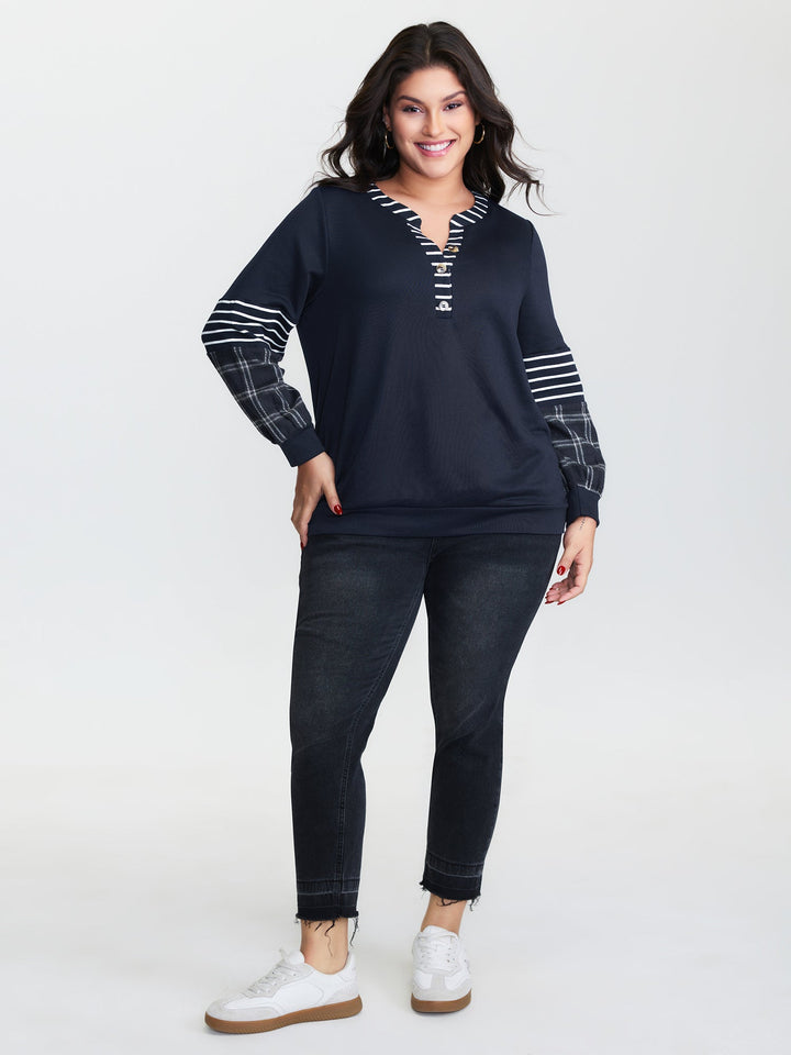 Striped Plaid Split Neckline Sweatshirt