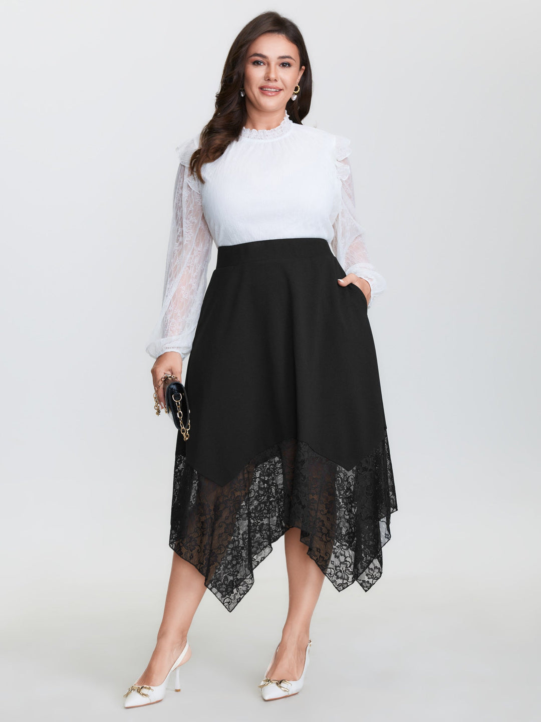 Sheer Lace Handkerchief Hem Midi Skirt