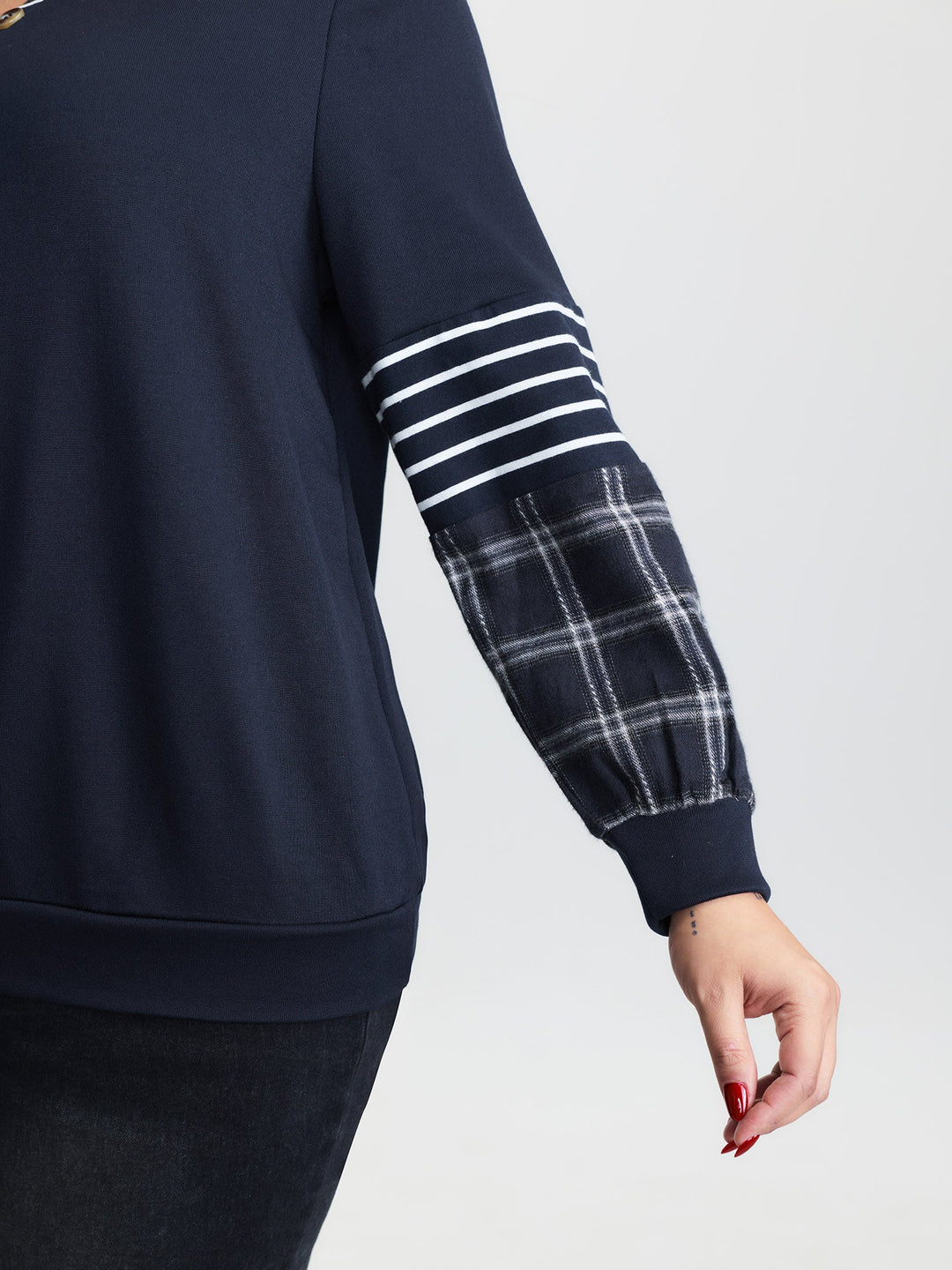 Striped Plaid Split Neckline Sweatshirt