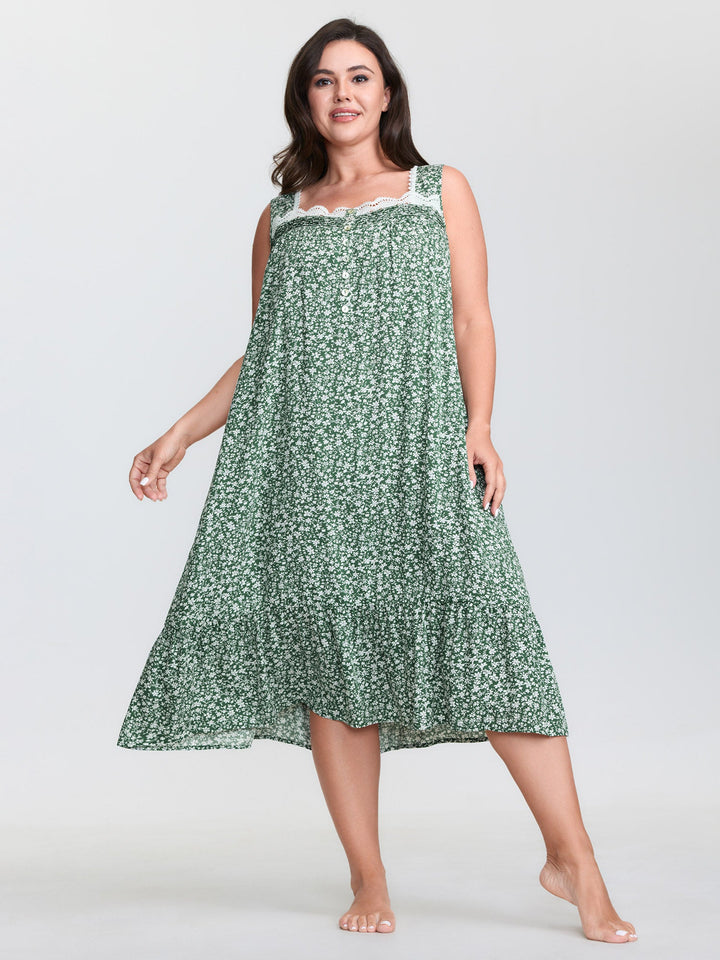 Floral Lace Trim Color Contrast Sleep Dress