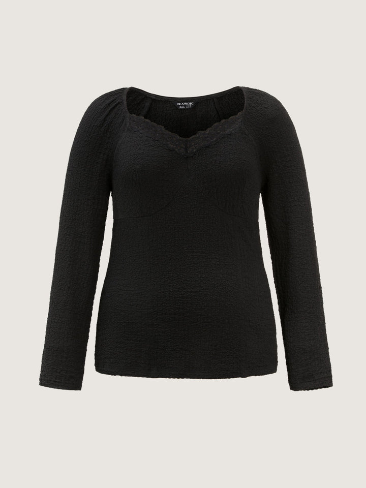 Stretchy Textured Lace Trim Fitted Knit Top